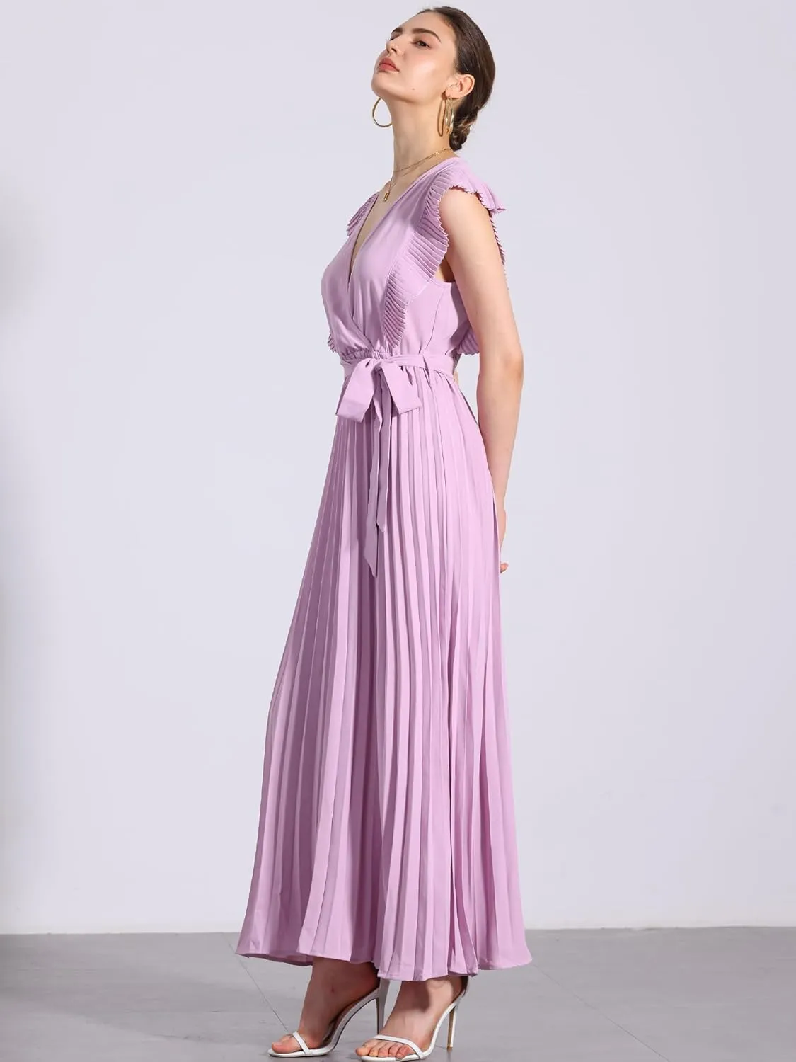 Allegra K Maxi Dresses for Women's Ruffled Sleeve V Neck Wrap Pleated Dress