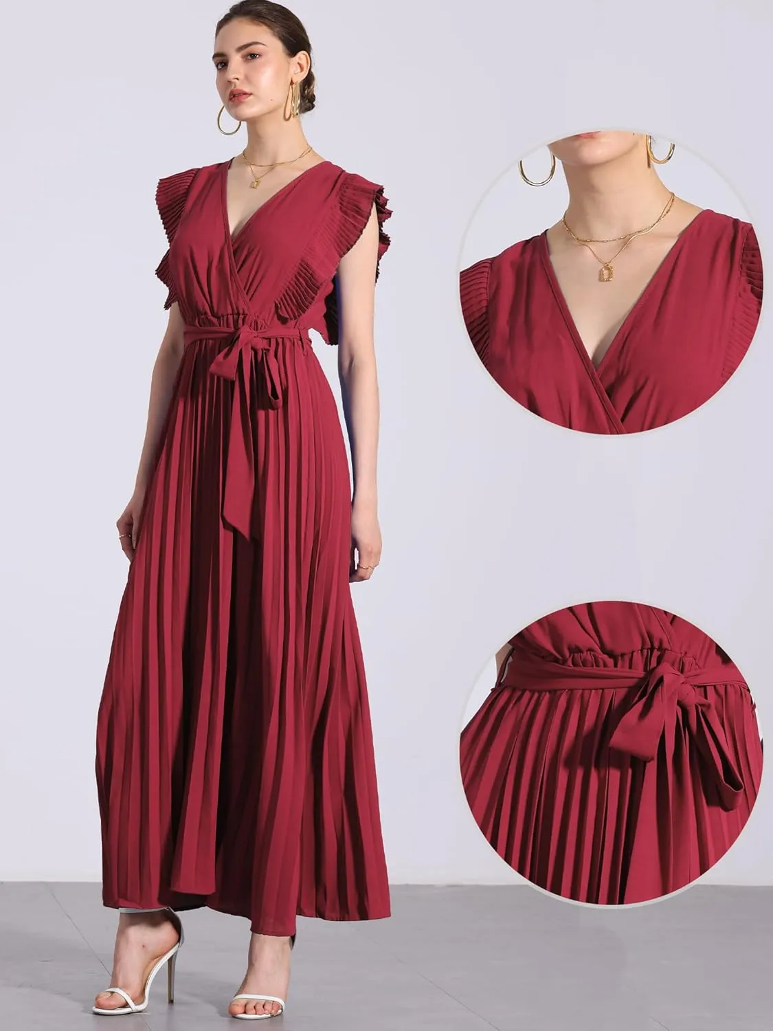 Allegra K Maxi Dresses for Women's Ruffled Sleeve V Neck Wrap Pleated Dress