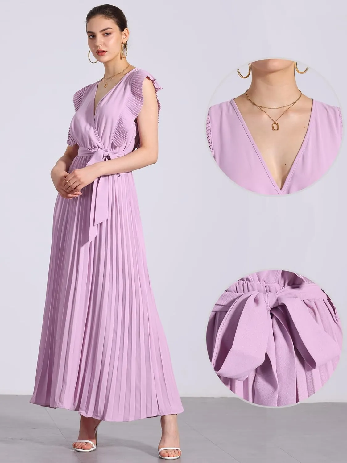 Allegra K Maxi Dresses for Women's Ruffled Sleeve V Neck Wrap Pleated Dress