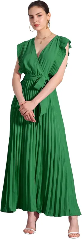 Allegra K Maxi Dresses for Women's Ruffled Sleeve V Neck Wrap Pleated Dress