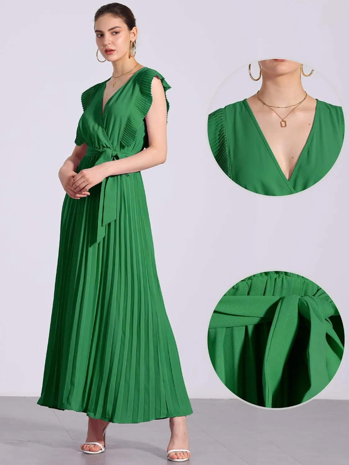 Allegra K Maxi Dresses for Women's Ruffled Sleeve V Neck Wrap Pleated Dress