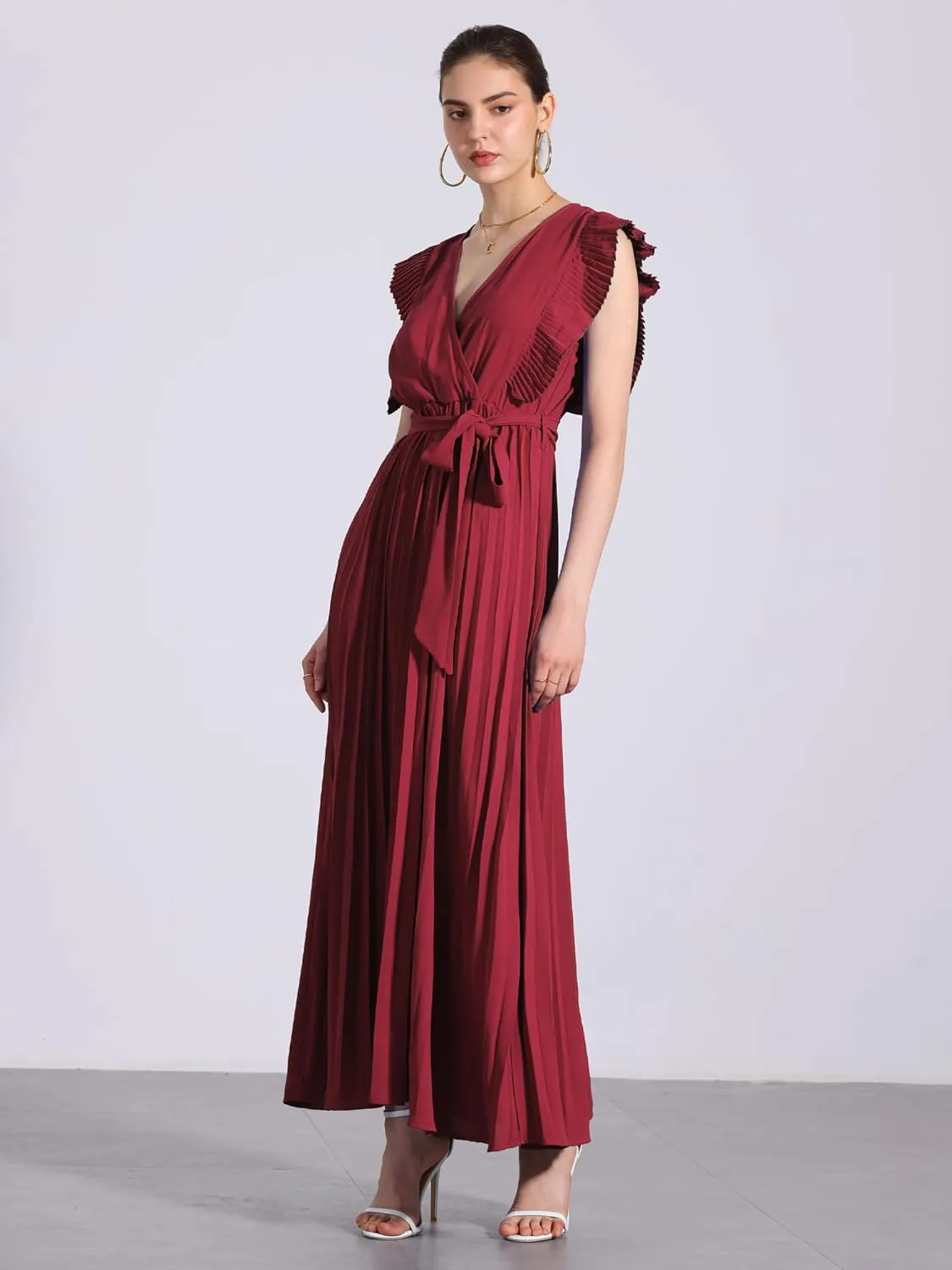 Allegra K Maxi Dresses for Women's Ruffled Sleeve V Neck Wrap Pleated Dress