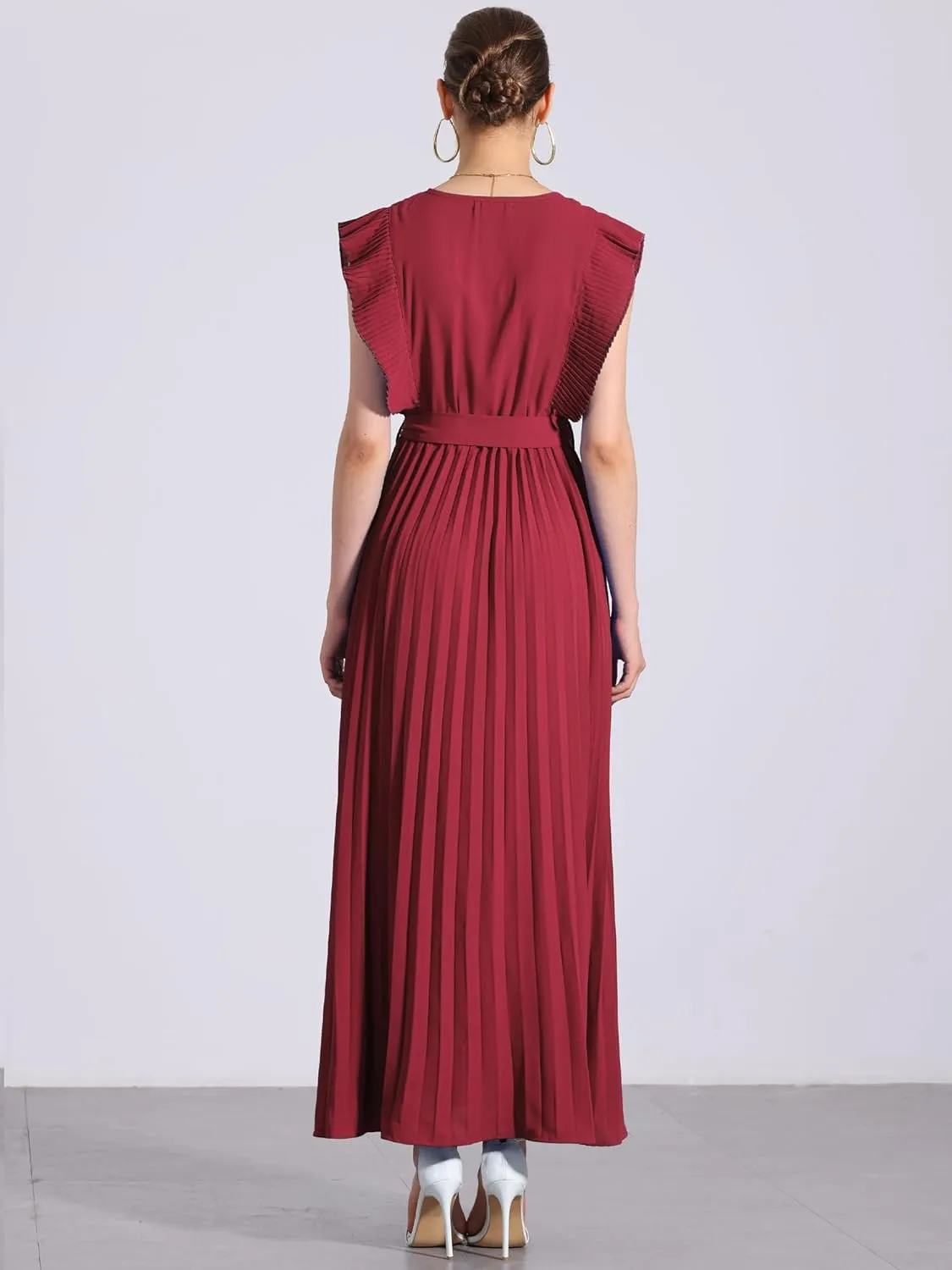 Allegra K Maxi Dresses for Women's Ruffled Sleeve V Neck Wrap Pleated Dress