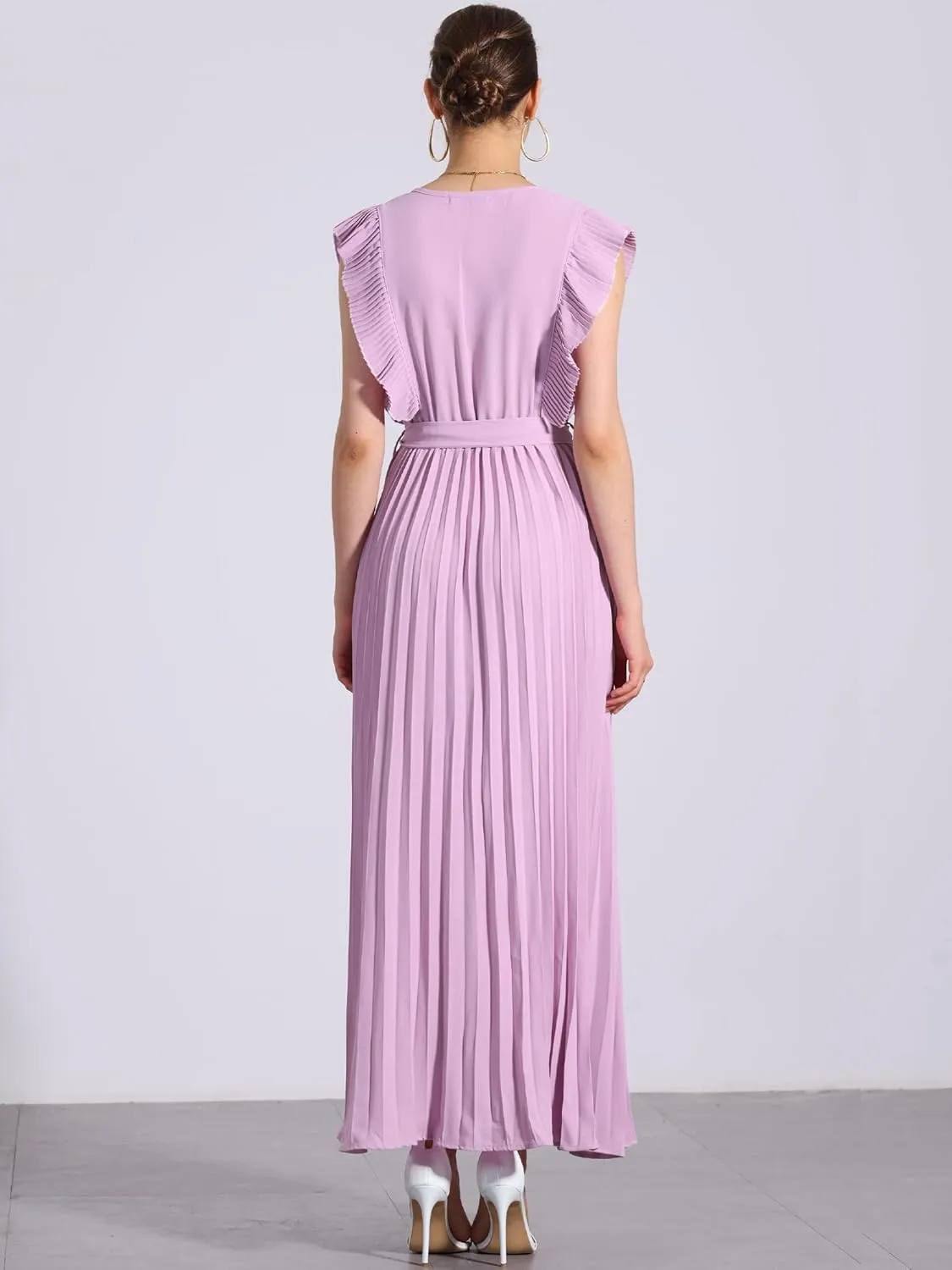 Allegra K Maxi Dresses for Women's Ruffled Sleeve V Neck Wrap Pleated Dress