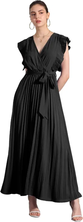 Allegra K Maxi Dresses for Women's Ruffled Sleeve V Neck Wrap Pleated Dress