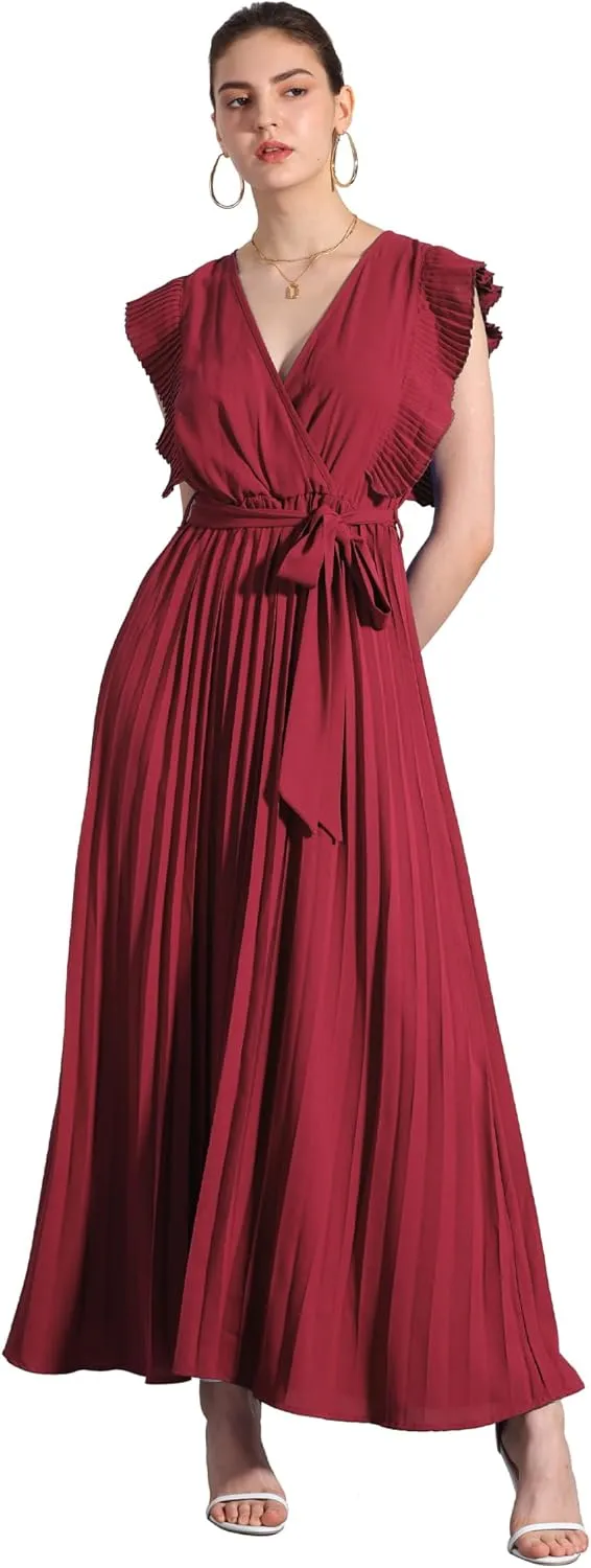 Allegra K Maxi Dresses for Women's Ruffled Sleeve V Neck Wrap Pleated Dress