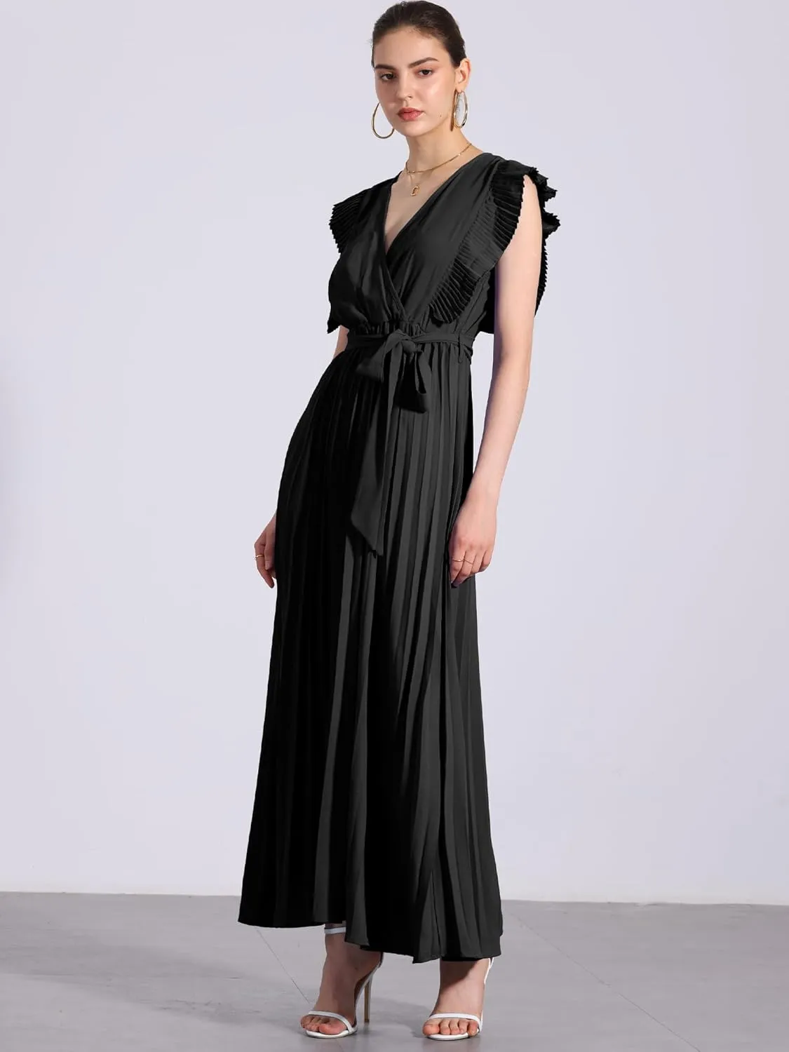Allegra K Maxi Dresses for Women's Ruffled Sleeve V Neck Wrap Pleated Dress
