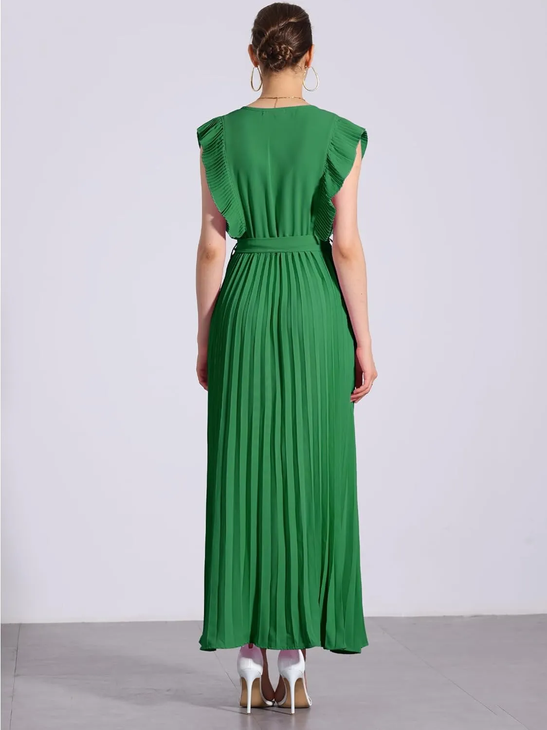 Allegra K Maxi Dresses for Women's Ruffled Sleeve V Neck Wrap Pleated Dress