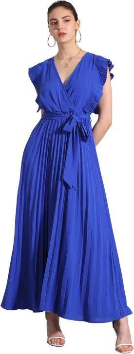 Allegra K Maxi Dresses for Women's Ruffled Sleeve V Neck Wrap Pleated Dress