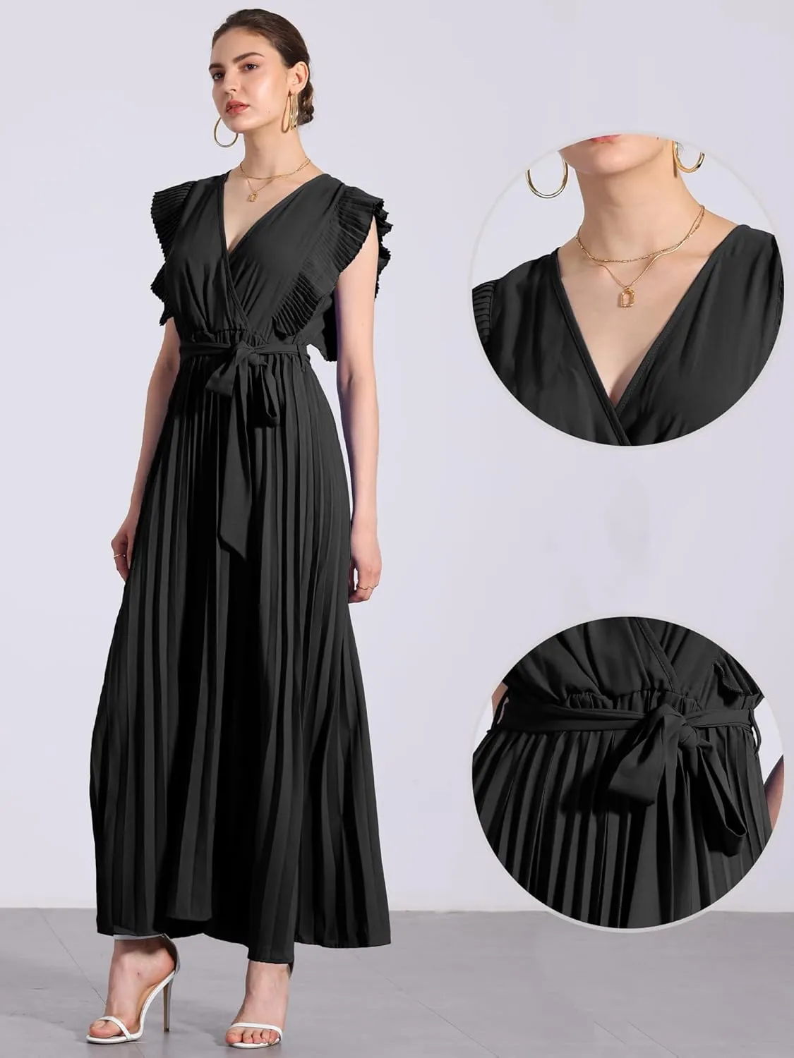 Allegra K Maxi Dresses for Women's Ruffled Sleeve V Neck Wrap Pleated Dress