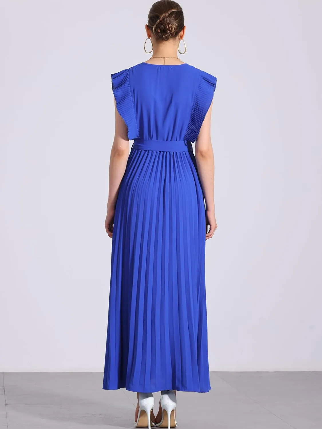 Allegra K Maxi Dresses for Women's Ruffled Sleeve V Neck Wrap Pleated Dress
