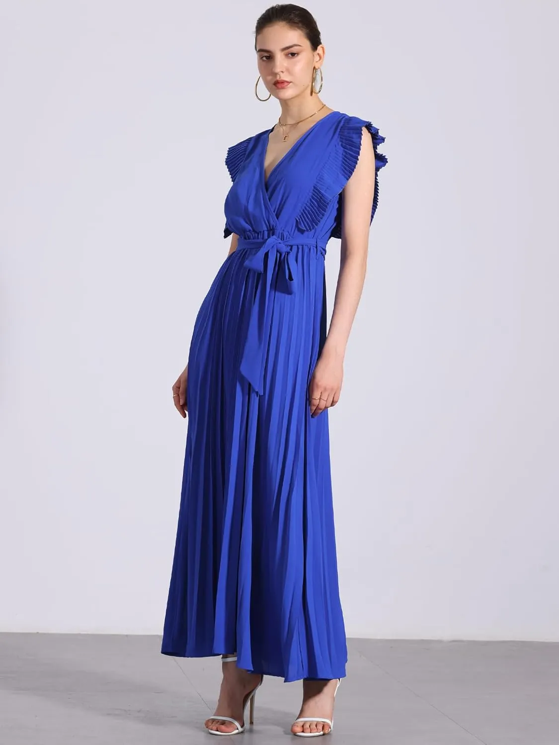 Allegra K Maxi Dresses for Women's Ruffled Sleeve V Neck Wrap Pleated Dress