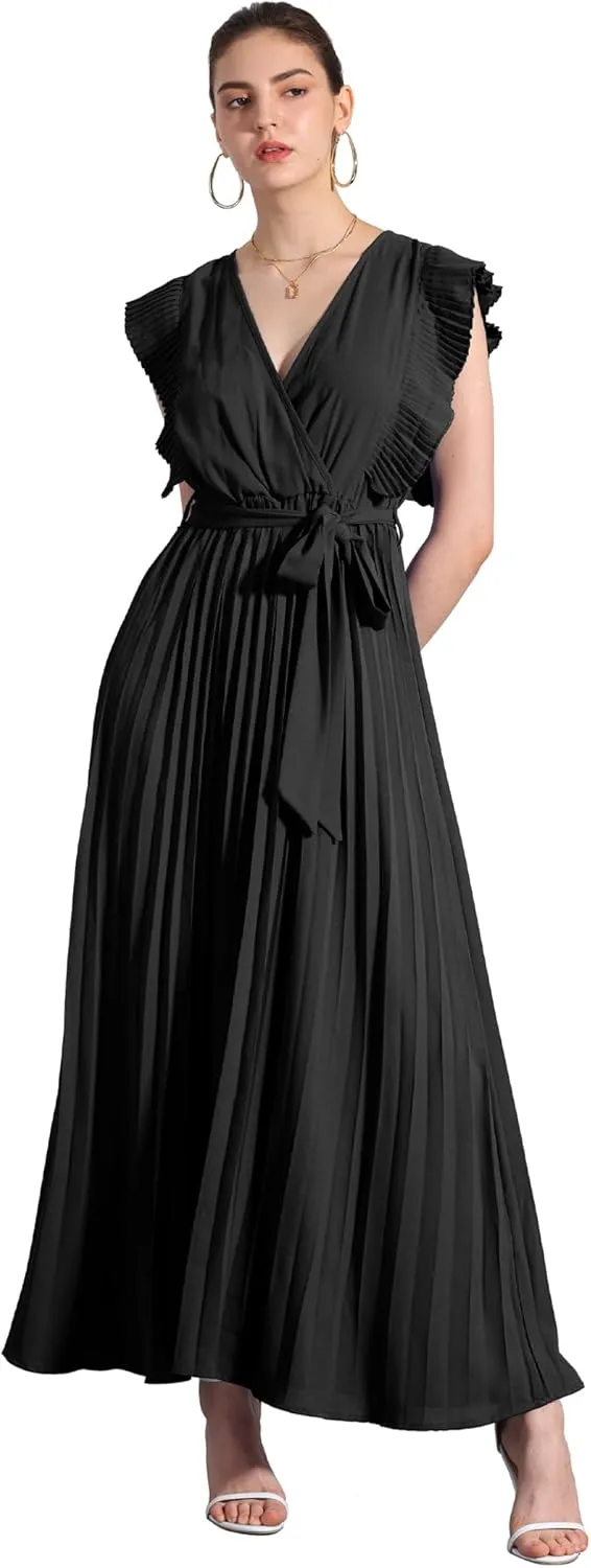 Allegra K Maxi Dresses for Women's Ruffled Sleeve V Neck Wrap Pleated Dress