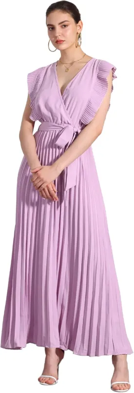 Allegra K Maxi Dresses for Women's Ruffled Sleeve V Neck Wrap Pleated Dress