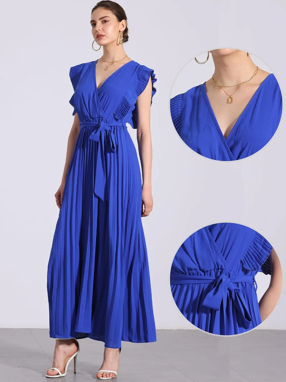 Allegra K Maxi Dresses for Women's Ruffled Sleeve V Neck Wrap Pleated Dress