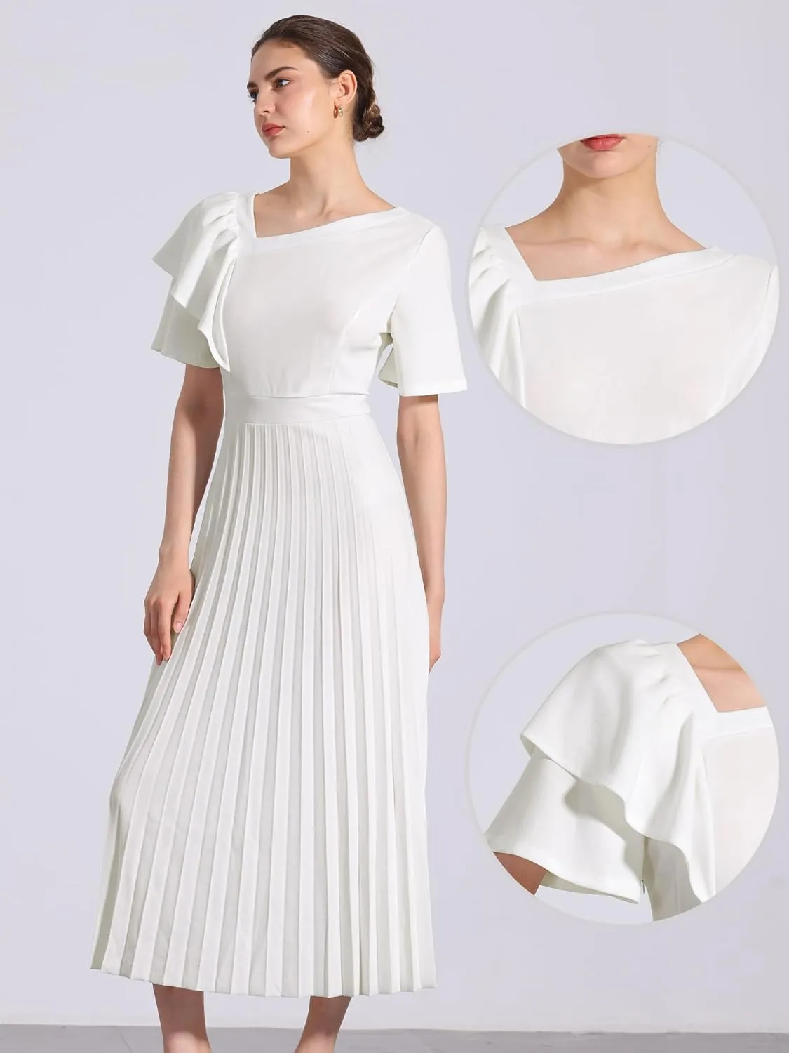 Allegra K Ruffles Short Sleeve Dress for Women's Asymmetrical Neck Pleated Hem Midi Dress
