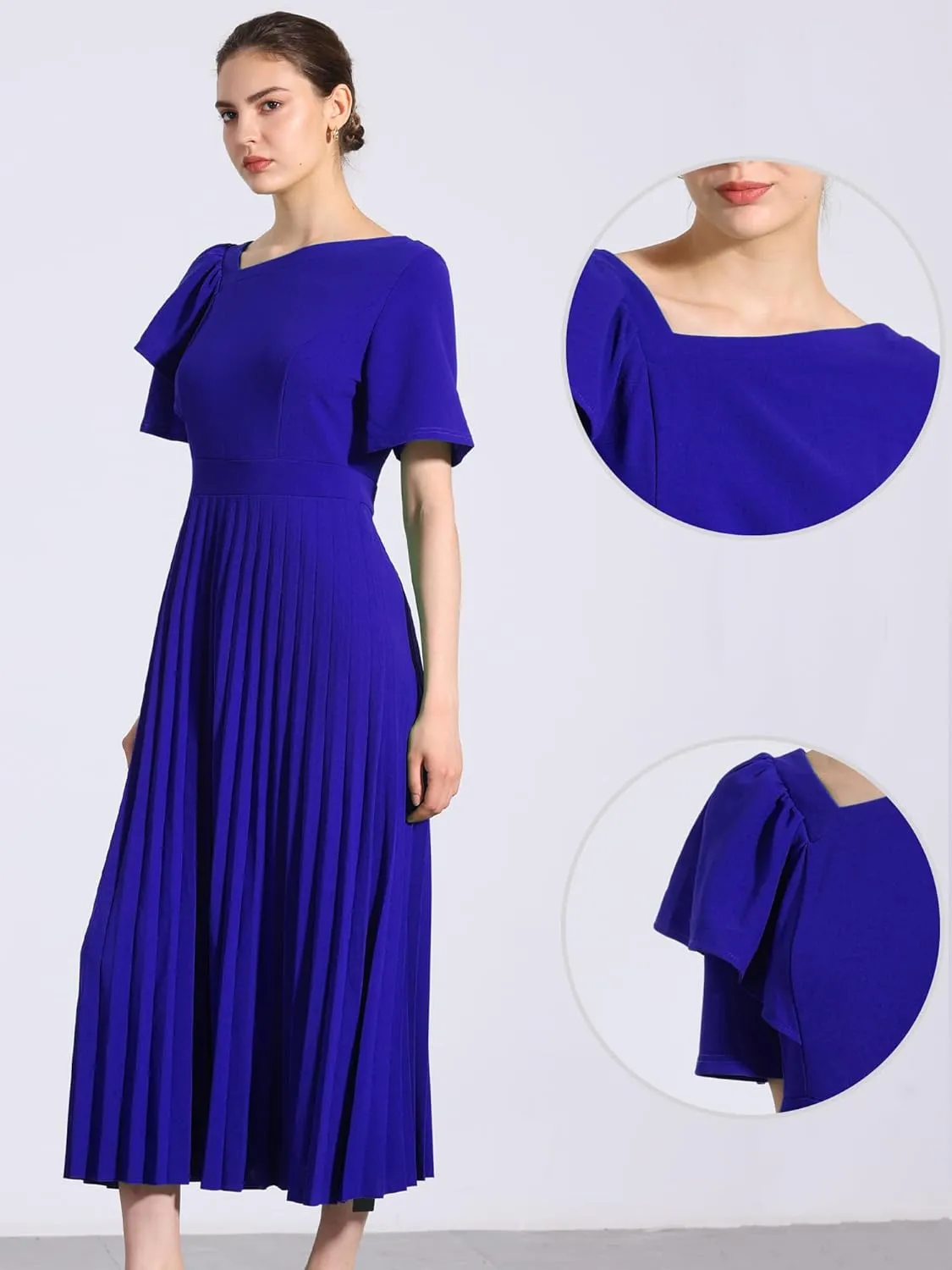 Allegra K Ruffles Short Sleeve Dress for Women's Asymmetrical Neck Pleated Hem Midi Dress