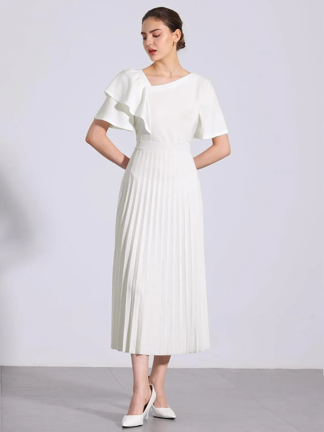 Allegra K Ruffles Short Sleeve Dress for Women's Asymmetrical Neck Pleated Hem Midi Dress