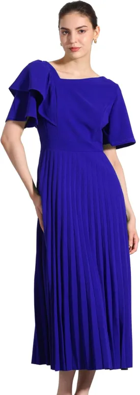 Allegra K Ruffles Short Sleeve Dress for Women's Asymmetrical Neck Pleated Hem Midi Dress