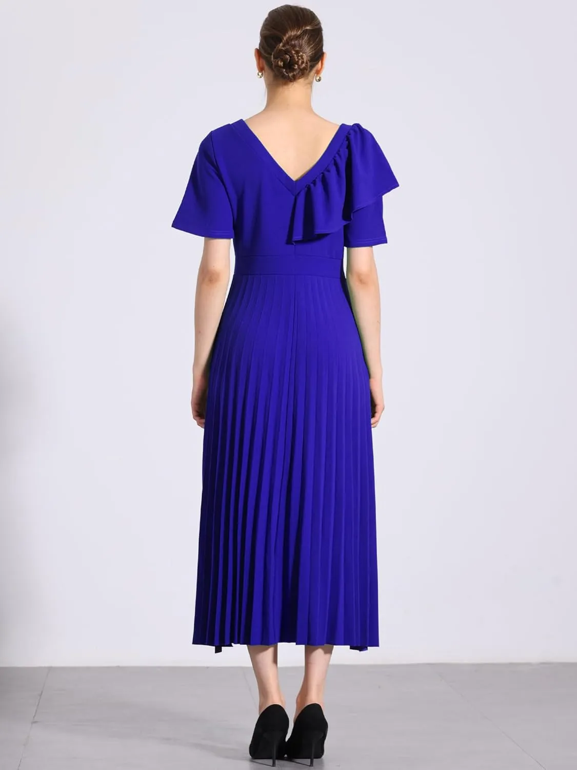 Allegra K Ruffles Short Sleeve Dress for Women's Asymmetrical Neck Pleated Hem Midi Dress