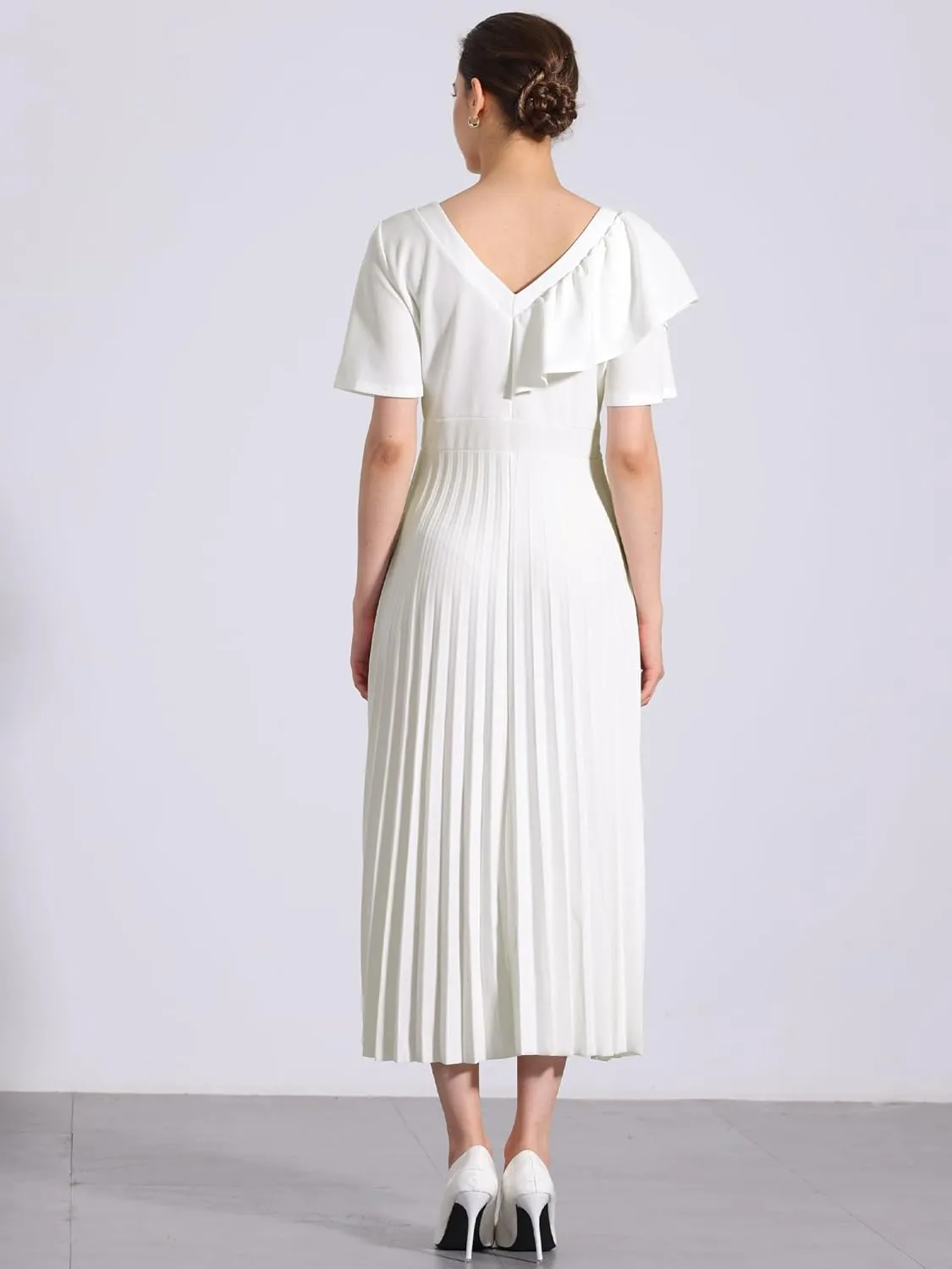 Allegra K Ruffles Short Sleeve Dress for Women's Asymmetrical Neck Pleated Hem Midi Dress