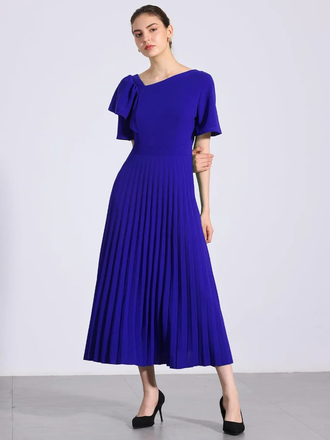 Allegra K Ruffles Short Sleeve Dress for Women's Asymmetrical Neck Pleated Hem Midi Dress