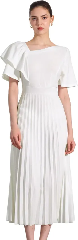 Allegra K Ruffles Short Sleeve Dress for Women's Asymmetrical Neck Pleated Hem Midi Dress