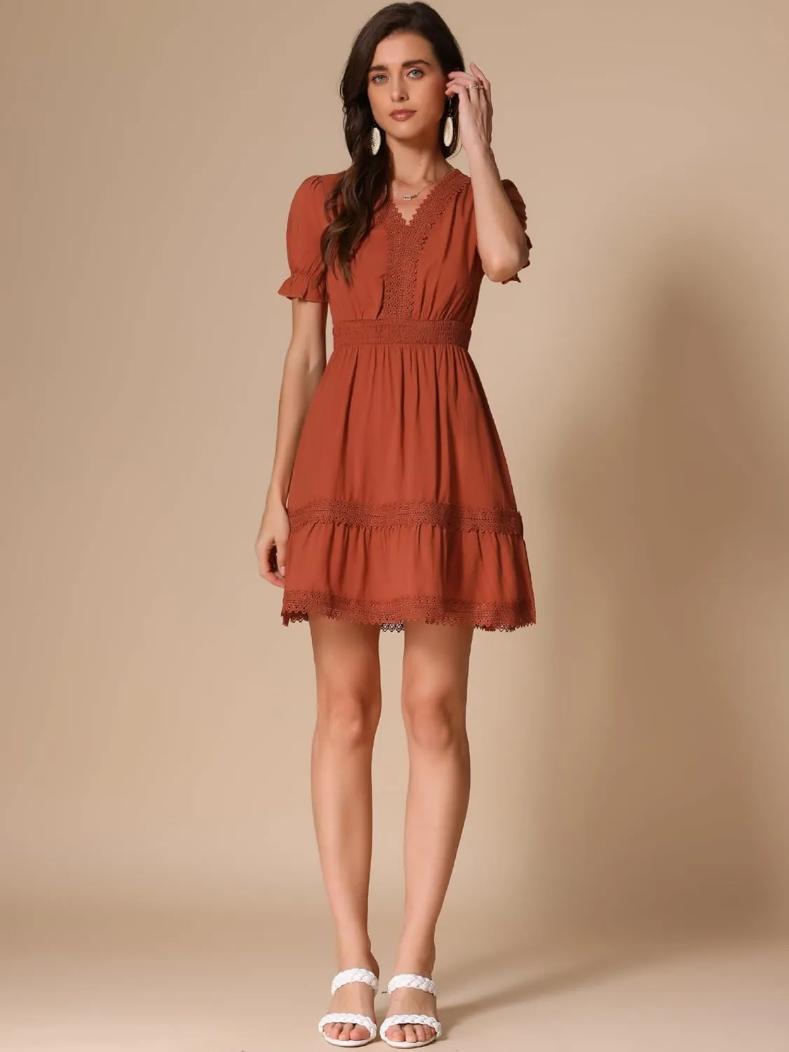 Allegra K Women's 2024 Summer Crochet Trim V Neck Casual Ruffled Tiered Smocked Boho Dress