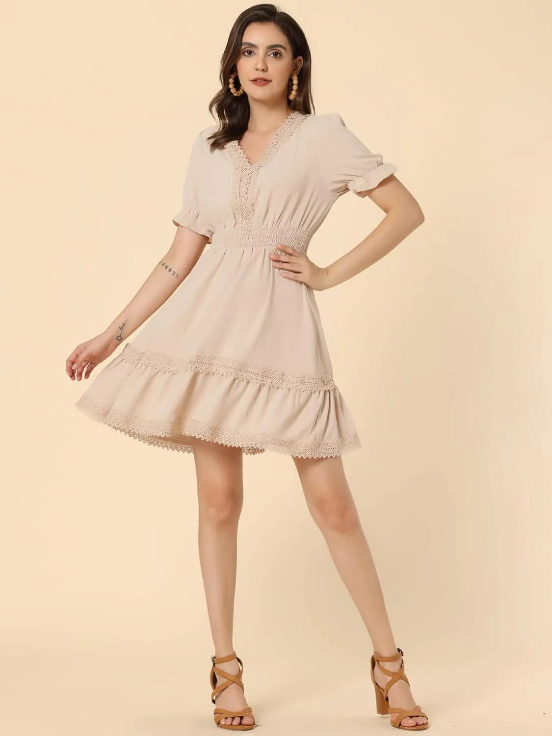 Allegra K Women's 2024 Summer Crochet Trim V Neck Casual Ruffled Tiered Smocked Boho Dress