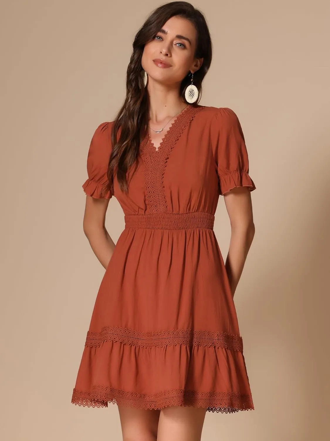 Allegra K Women's 2024 Summer Crochet Trim V Neck Casual Ruffled Tiered Smocked Boho Dress