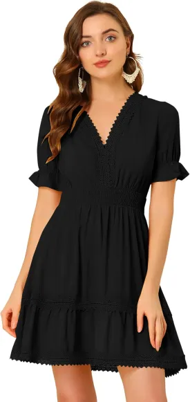 Allegra K Women's 2024 Summer Crochet Trim V Neck Casual Ruffled Tiered Smocked Boho Dress