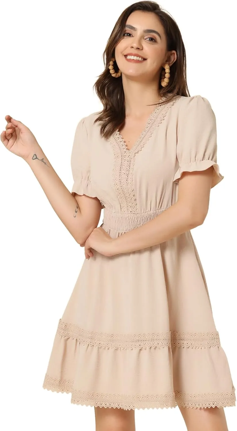 Allegra K Women's 2024 Summer Crochet Trim V Neck Casual Ruffled Tiered Smocked Boho Dress