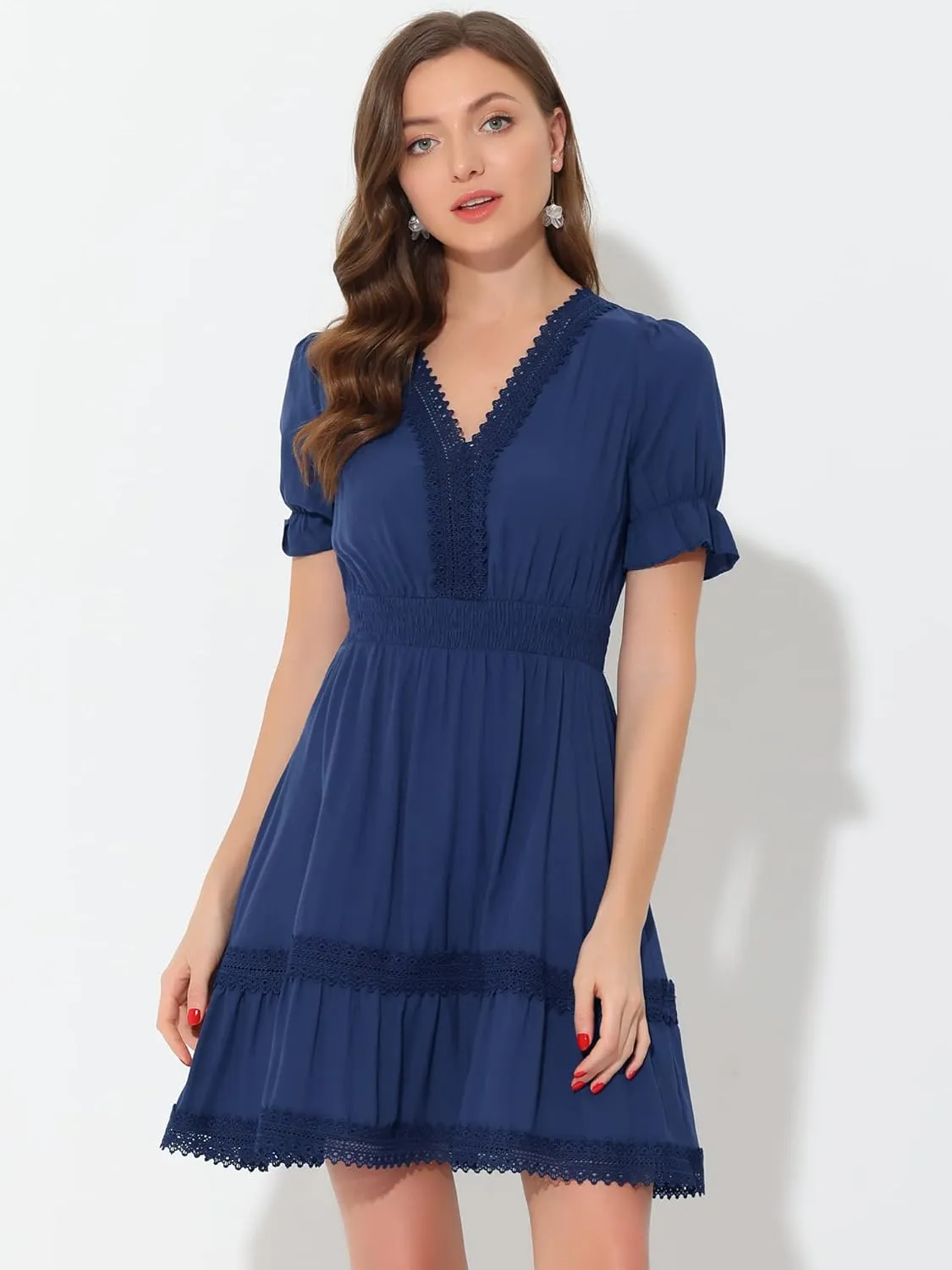 Allegra K Women's 2024 Summer Crochet Trim V Neck Casual Ruffled Tiered Smocked Boho Dress