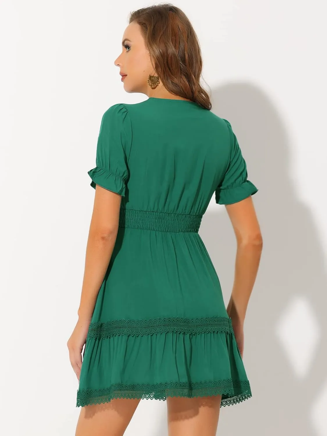 Allegra K Women's 2024 Summer Crochet Trim V Neck Casual Ruffled Tiered Smocked Boho Dress