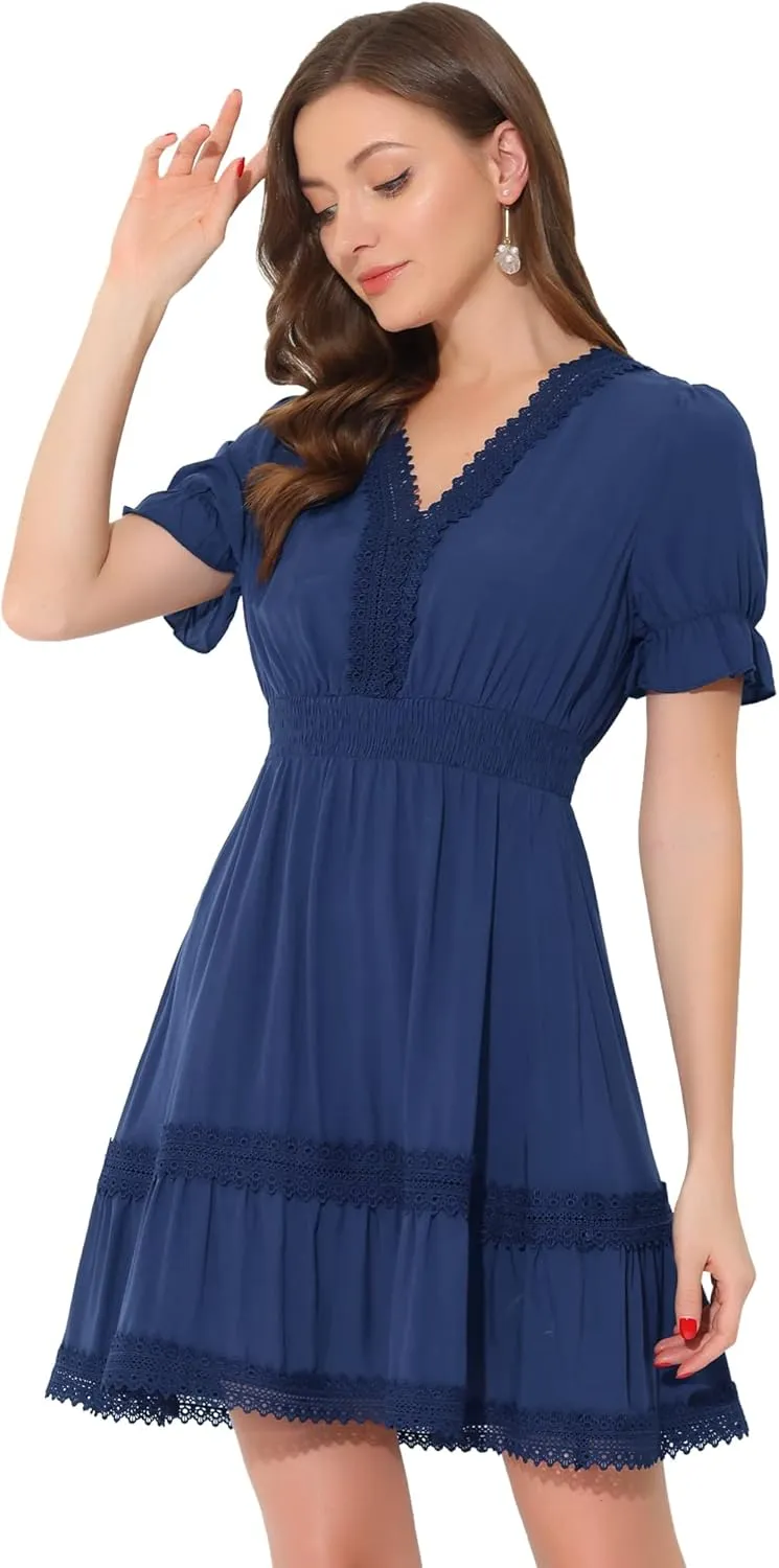 Allegra K Women's 2024 Summer Crochet Trim V Neck Casual Ruffled Tiered Smocked Boho Dress