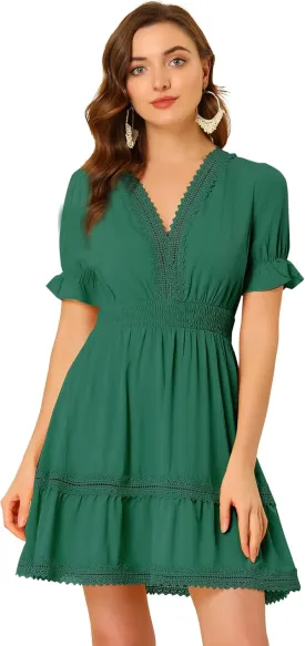 Allegra K Women's 2024 Summer Crochet Trim V Neck Casual Ruffled Tiered Smocked Boho Dress