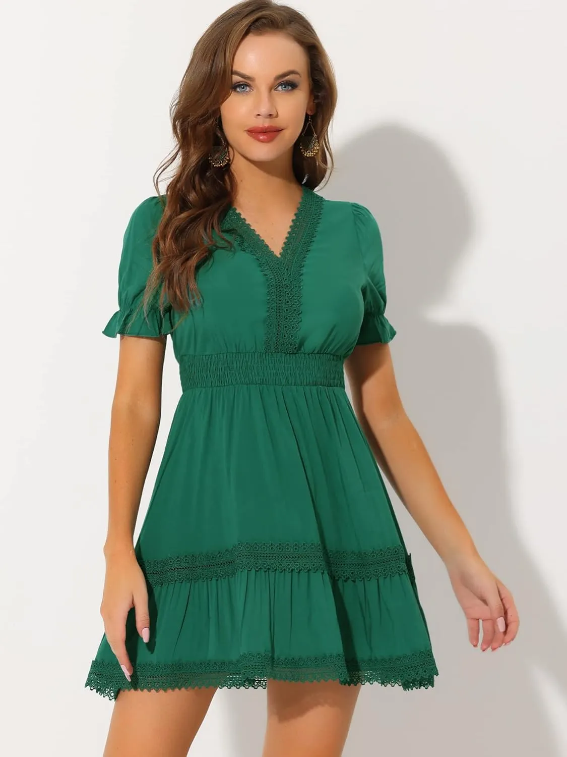 Allegra K Women's 2024 Summer Crochet Trim V Neck Casual Ruffled Tiered Smocked Boho Dress