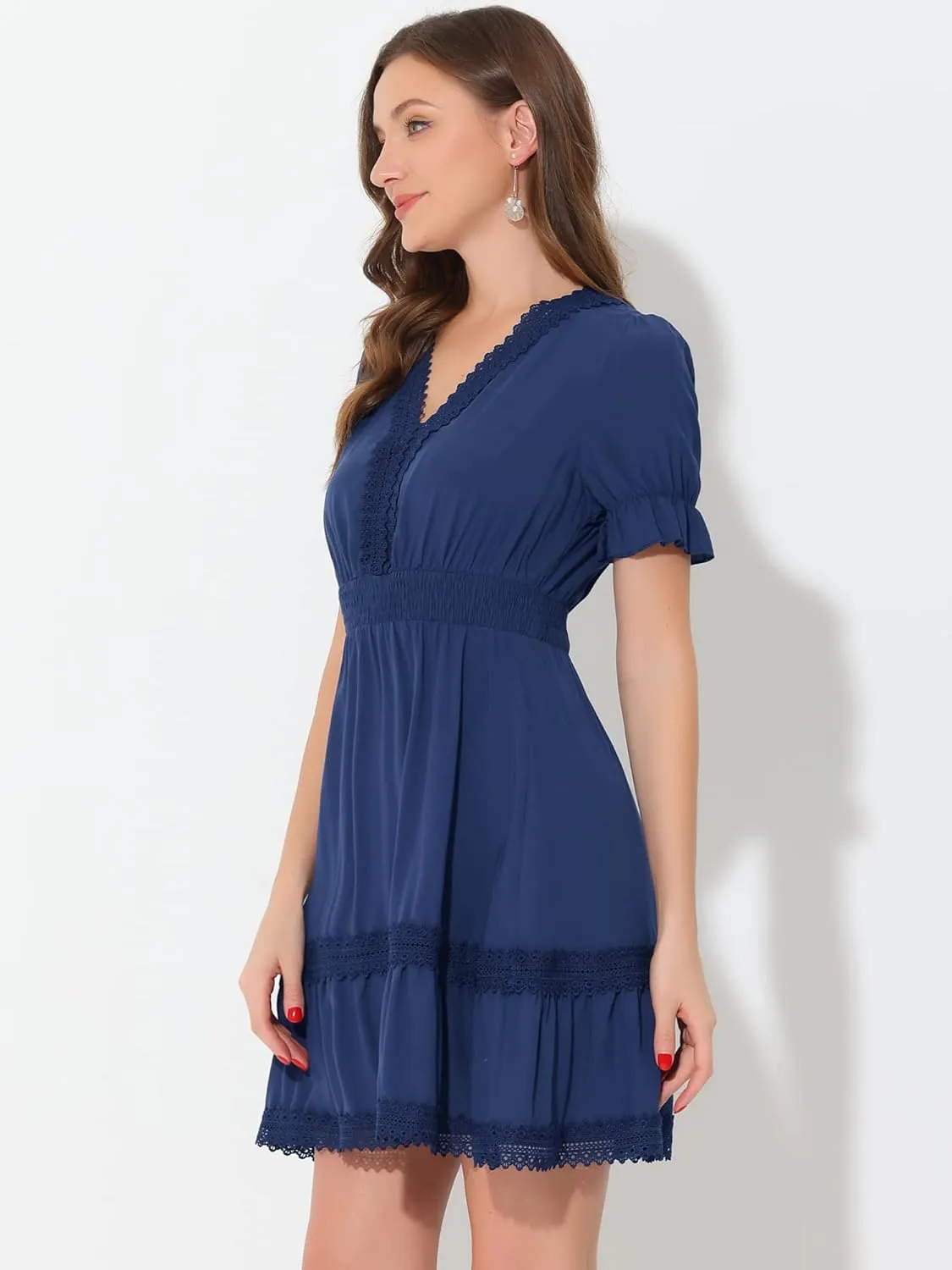 Allegra K Women's 2024 Summer Crochet Trim V Neck Casual Ruffled Tiered Smocked Boho Dress