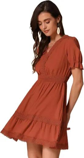 Allegra K Women's 2024 Summer Crochet Trim V Neck Casual Ruffled Tiered Smocked Boho Dress