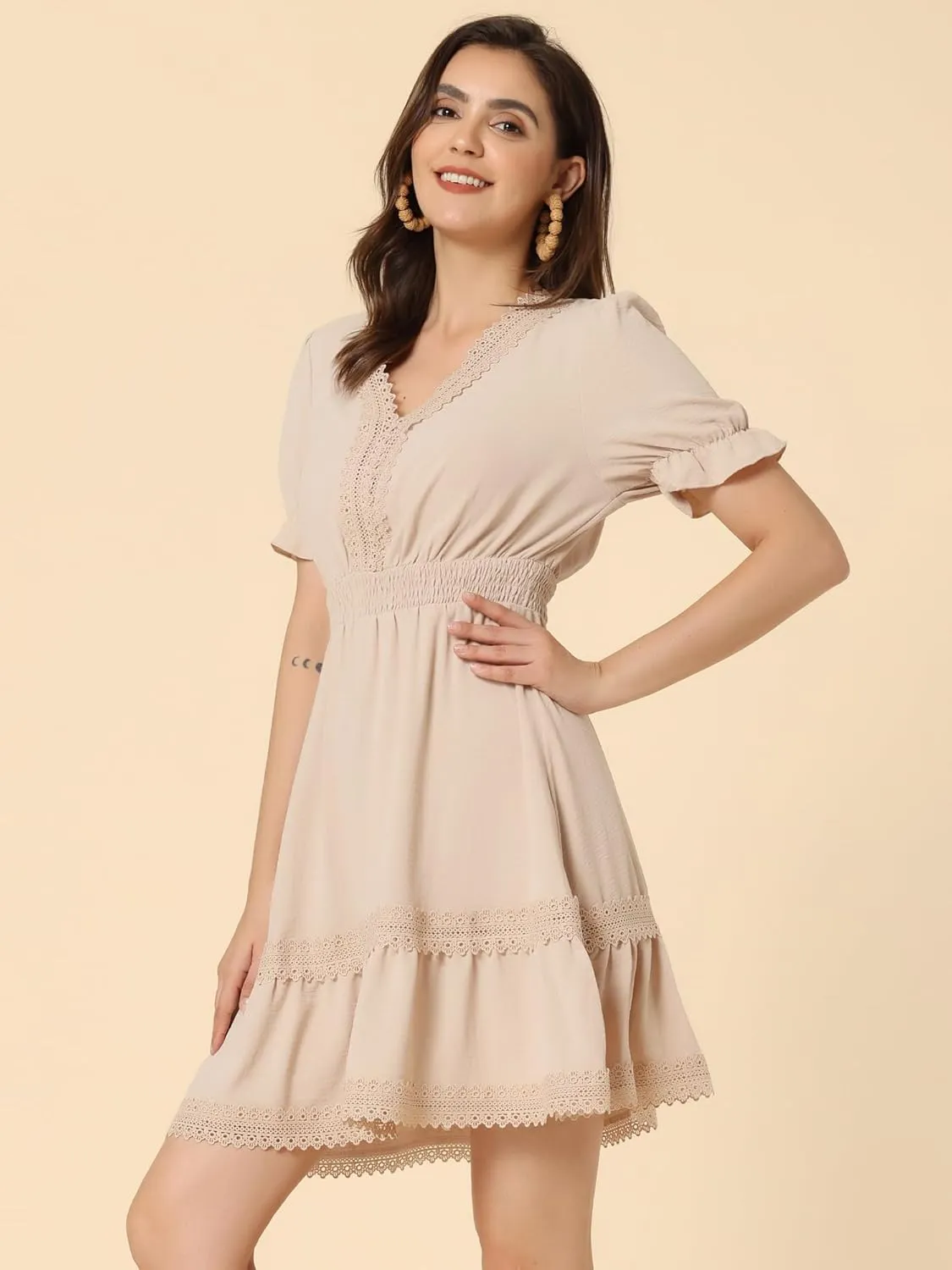 Allegra K Women's 2024 Summer Crochet Trim V Neck Casual Ruffled Tiered Smocked Boho Dress