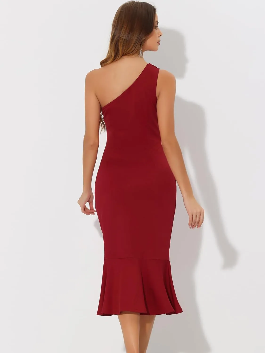Allegra K Women's One Shoulder Dress Sleeveless Ruched Party Fishtail Midi Dresses