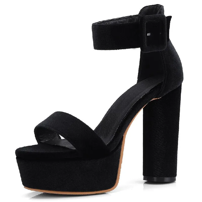 Amozae Block High Heels Velvet Sandals Women Platform Open Toe Summer Sandals For Woman Ankle Strap Elegant Red Black Party Shoes Girls