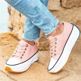 Amozae- Women's Solid Color Canvas Lace-up High-heeled Thick-soled Breathable Non-slip Comfortable Fashion Casual Sneakers 1023