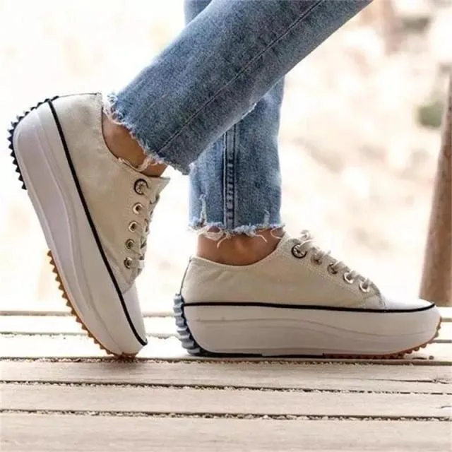Amozae- Women's Solid Color Canvas Lace-up High-heeled Thick-soled Breathable Non-slip Comfortable Fashion Casual Sneakers 1023