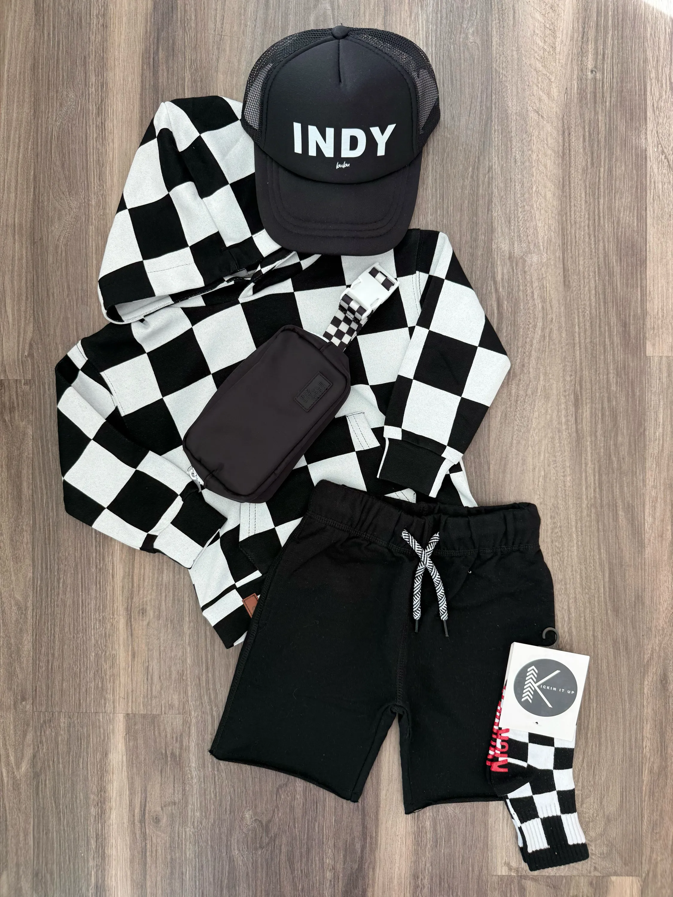Ampersand Ave - Children's Checkered Hoodie in Black and White