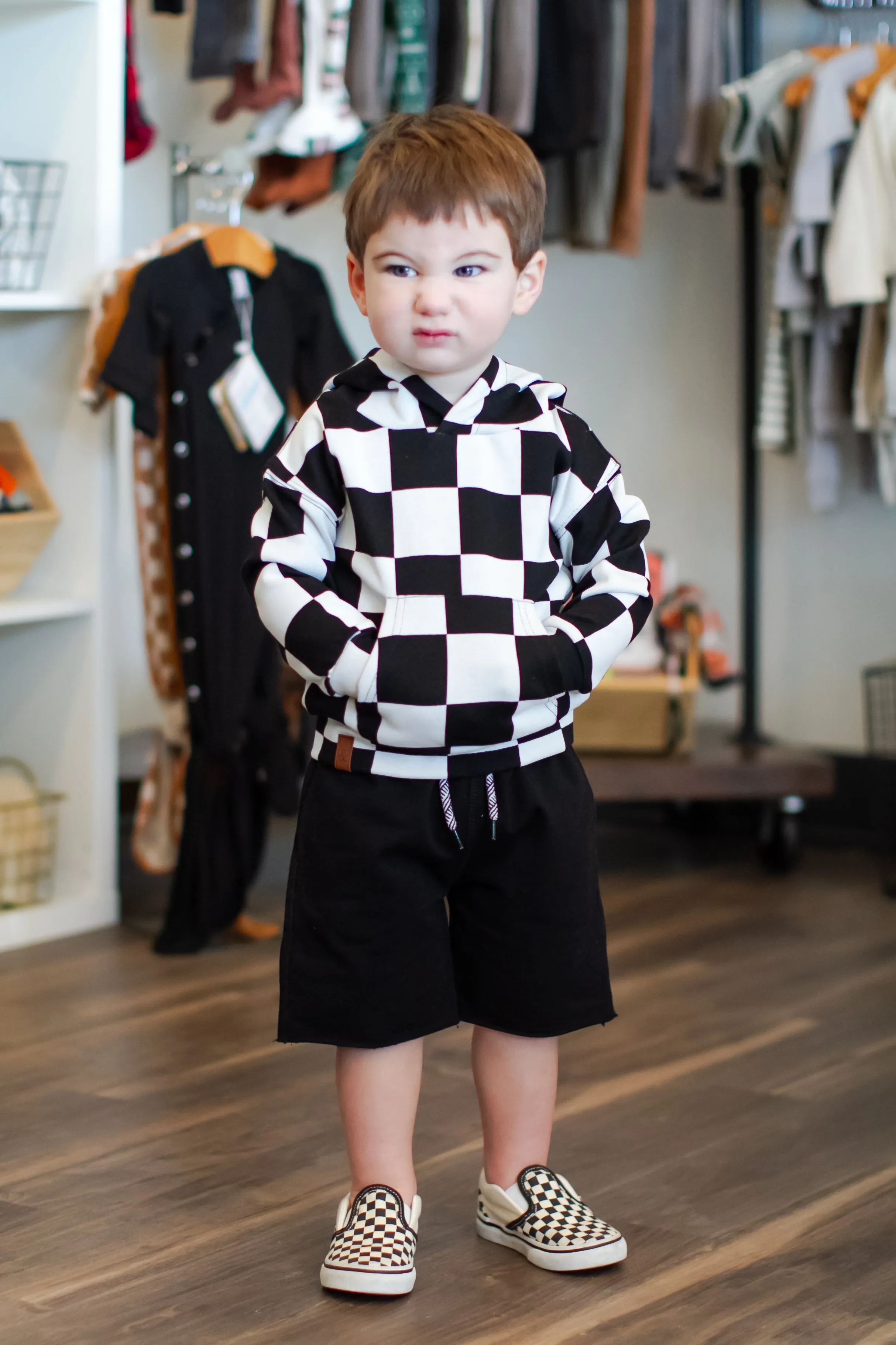 Ampersand Ave - Children's Checkered Hoodie in Black and White