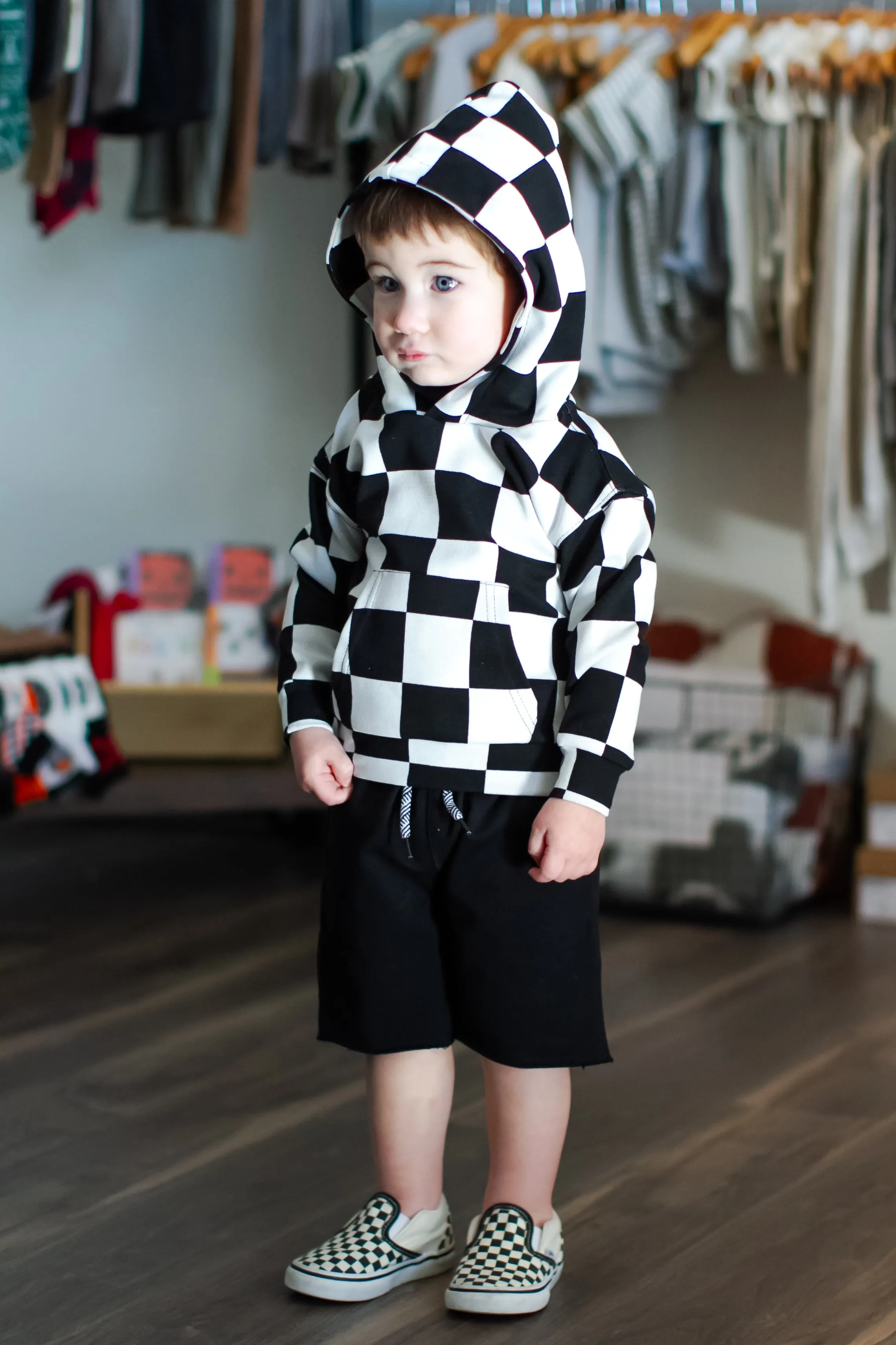 Ampersand Ave - Children's Checkered Hoodie in Black and White