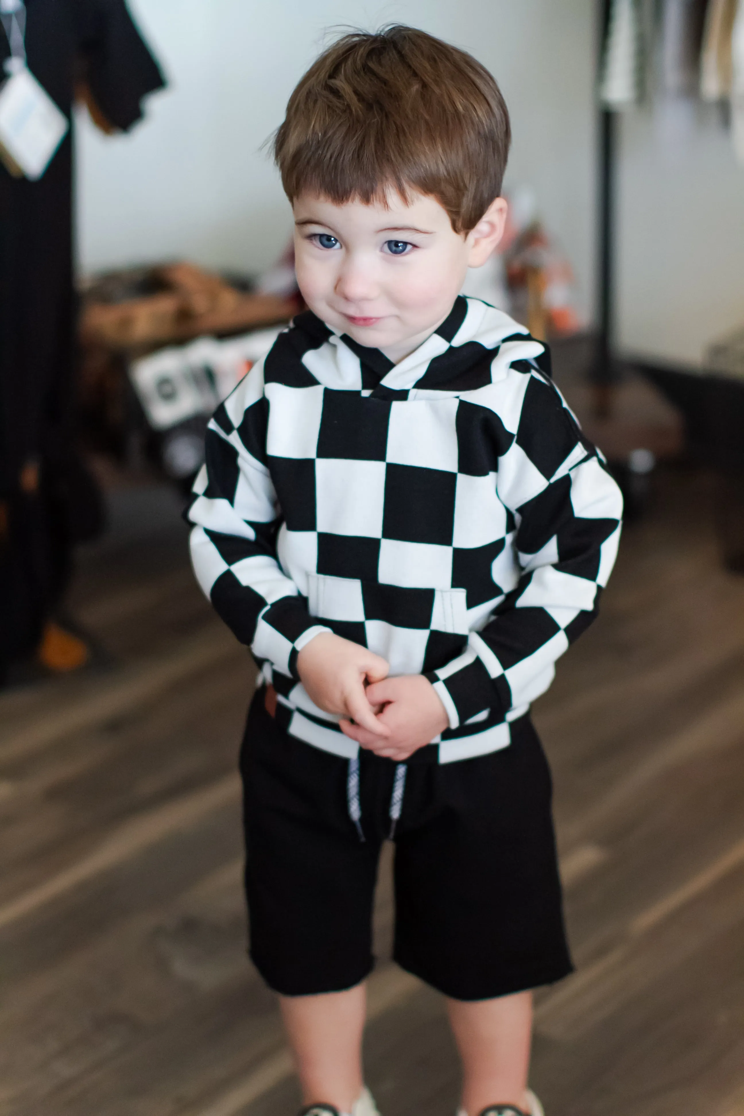 Ampersand Ave - Children's Checkered Hoodie in Black and White