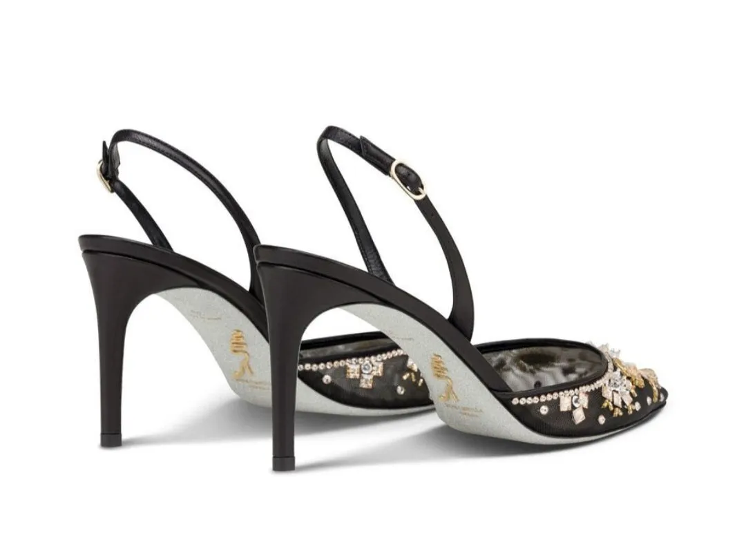 Aretha  Black Slingback With Crystals