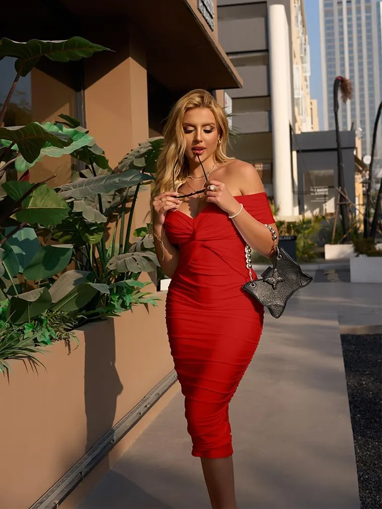 BEAGIMEG Women's Sexy Elegant Bodycon Sleeveless Ruched Off Shoulder Night Party Cocktail Midi Dress